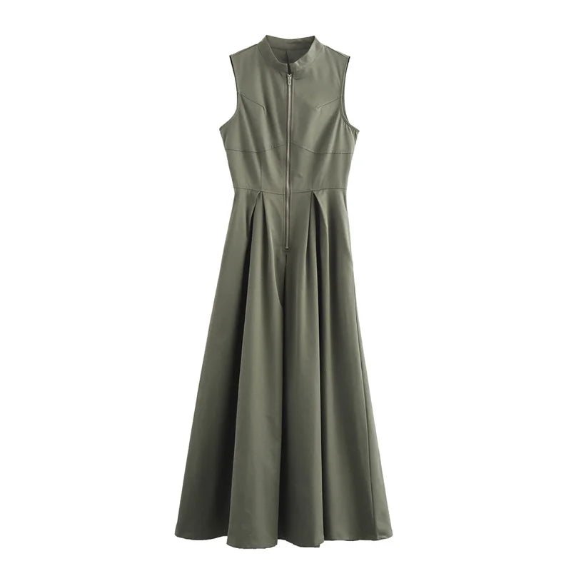 MUJER Zipper Long Dress Woman Pleated Sleeveless Bodycon Dress Summer Elegant Party Dresses For Women 2025 New Midi Dresses.