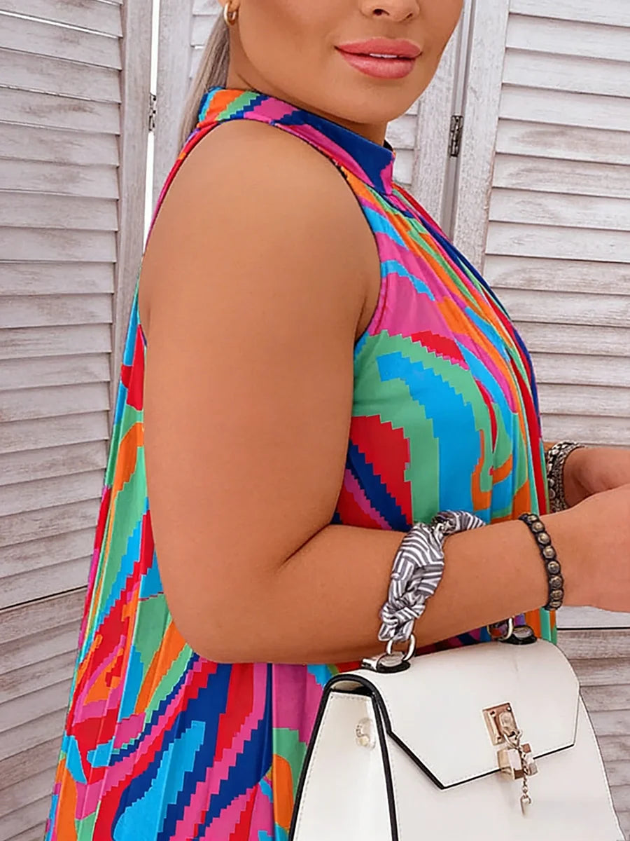 Plus Size Women's Dress Halter Neck No Sleeve Abstract Swirl Print Loose Mini Dress Vibrant Spring Summer Beach Light Dress