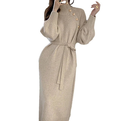 2023 Autumn Winter Women Solid Turtleneck Slim Fit Full Sleeve Sweaters Long Dress Lace Up Knitted Pullovers Knee Length Dresses.