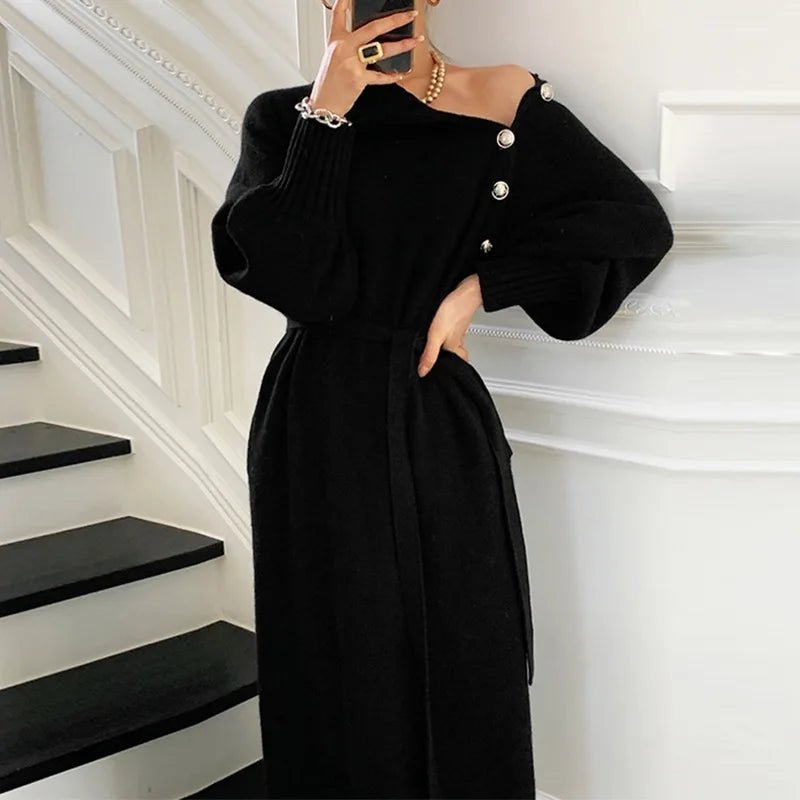 2023 Autumn Winter Women Solid Turtleneck Slim Fit Full Sleeve Sweaters Long Dress Lace Up Knitted Pullovers Knee Length Dresses.
