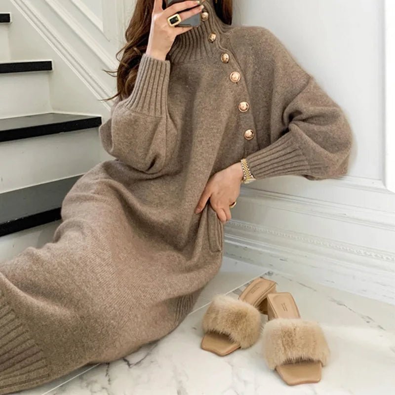 2023 Autumn Winter Women Solid Turtleneck Slim Fit Full Sleeve Sweaters Long Dress Lace Up Knitted Pullovers Knee Length Dresses.