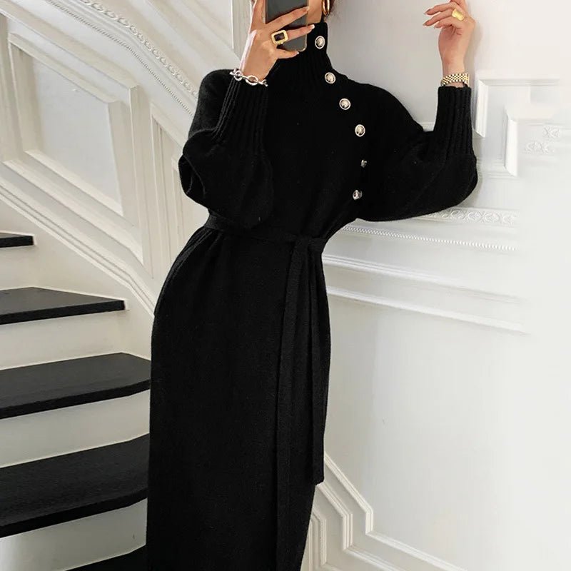 2023 Autumn Winter Women Solid Turtleneck Slim Fit Full Sleeve Sweaters Long Dress Lace Up Knitted Pullovers Knee Length Dresses.