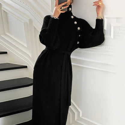 2023 Autumn Winter Women Solid Turtleneck Slim Fit Full Sleeve Sweaters Long Dress Lace Up Knitted Pullovers Knee Length Dresses.