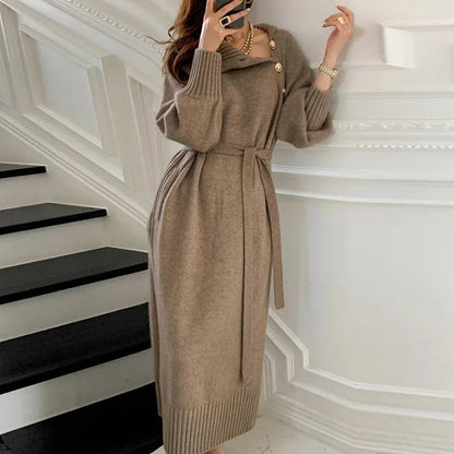 2023 Autumn Winter Women Solid Turtleneck Slim Fit Full Sleeve Sweaters Long Dress Lace Up Knitted Pullovers Knee Length Dresses.