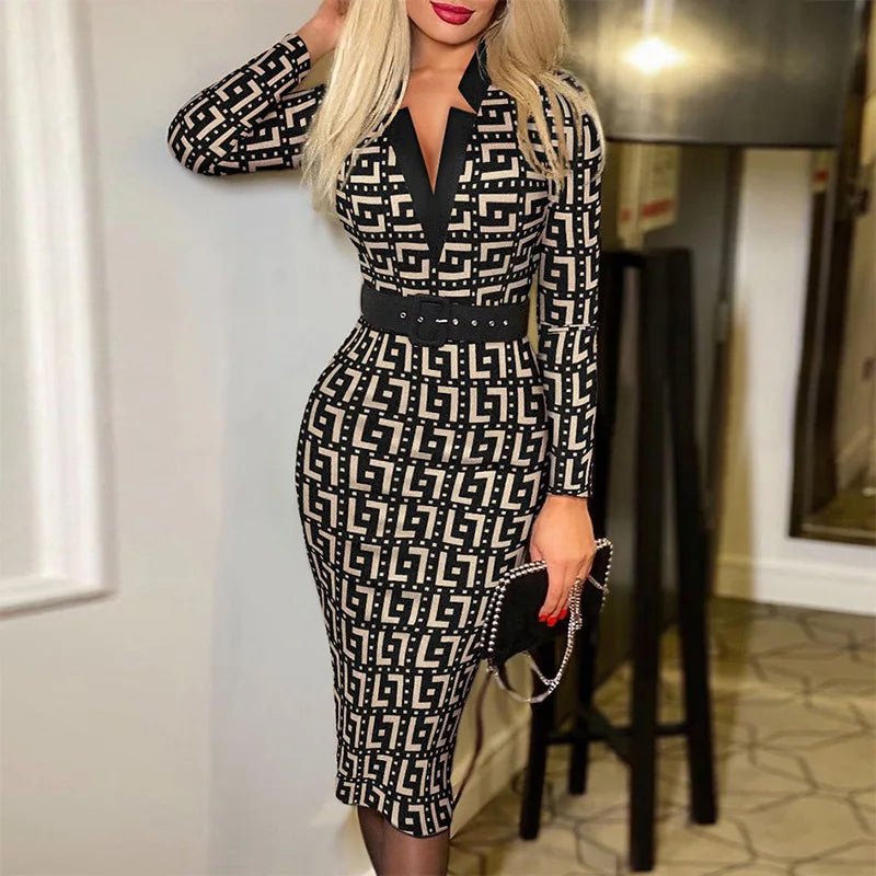 Geometric V-Neck  Pencil Dress.