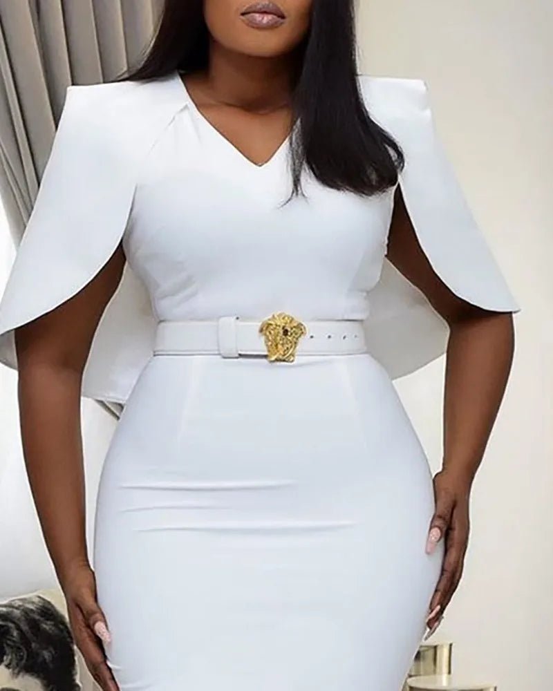 Women Fashion Elegant Formal Solid White Cape Sleeve Work Overalls High Waist Tight Bodycon Dress Lady Office (Without Belt) - Tammise Market