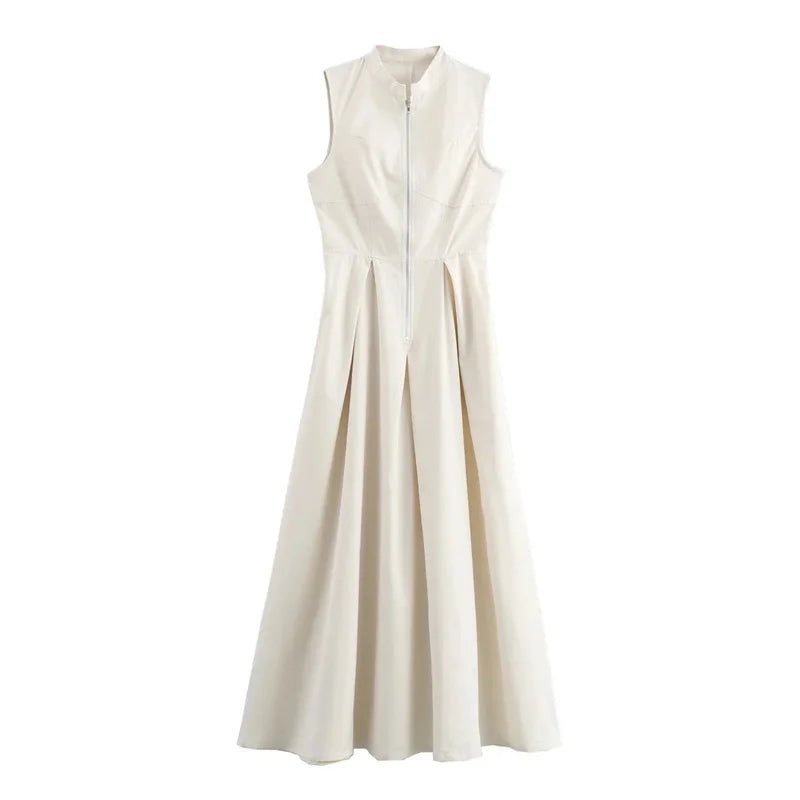 MUJER Zipper Long Dress Woman Pleated Sleeveless Bodycon Dress Summer Elegant Party Dresses For Women 2025 New Midi Dresses.