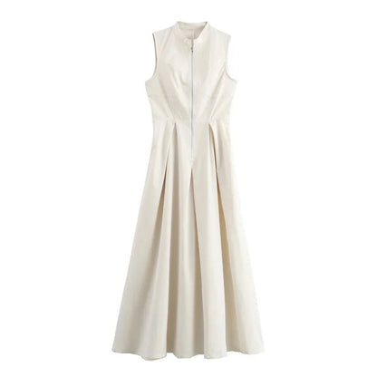MUJER Zipper Long Dress Woman Pleated Sleeveless Bodycon Dress Summer Elegant Party Dresses For Women 2025 New Midi Dresses.