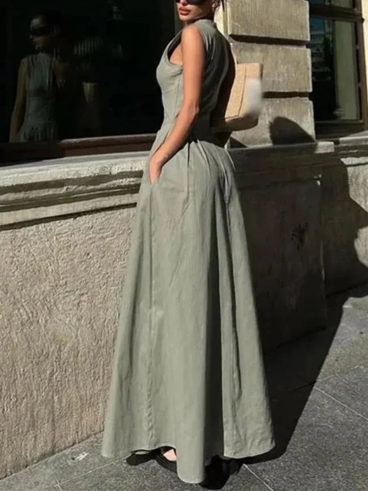 MUJER Zipper Long Dress Woman Pleated Sleeveless Bodycon Dress Summer Elegant Party Dresses For Women 2025 New Midi Dresses.