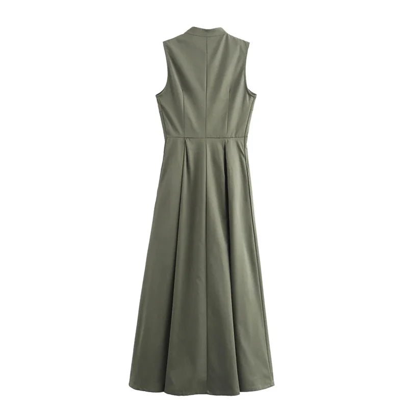 MUJER Zipper Long Dress Woman Pleated Sleeveless Bodycon Dress Summer Elegant Party Dresses For Women 2025 New Midi Dresses.