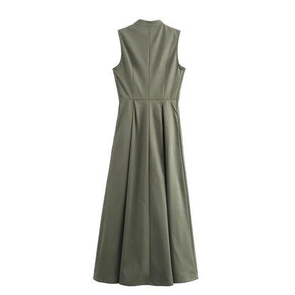 MUJER Zipper Long Dress Woman Pleated Sleeveless Bodycon Dress Summer Elegant Party Dresses For Women 2025 New Midi Dresses.