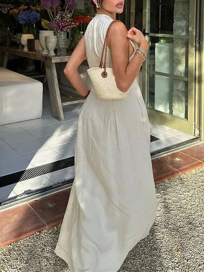 MUJER Zipper Long Dress Woman Pleated Sleeveless Bodycon Dress Summer Elegant Party Dresses For Women 2025 New Midi Dresses.
