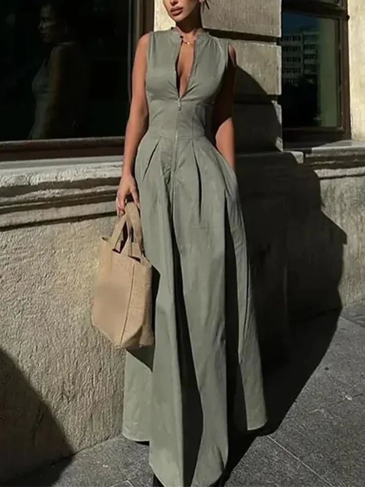 MUJER Zipper Long Dress Woman Pleated Sleeveless Bodycon Dress Summer Elegant Party Dresses For Women 2025 New Midi Dresses.