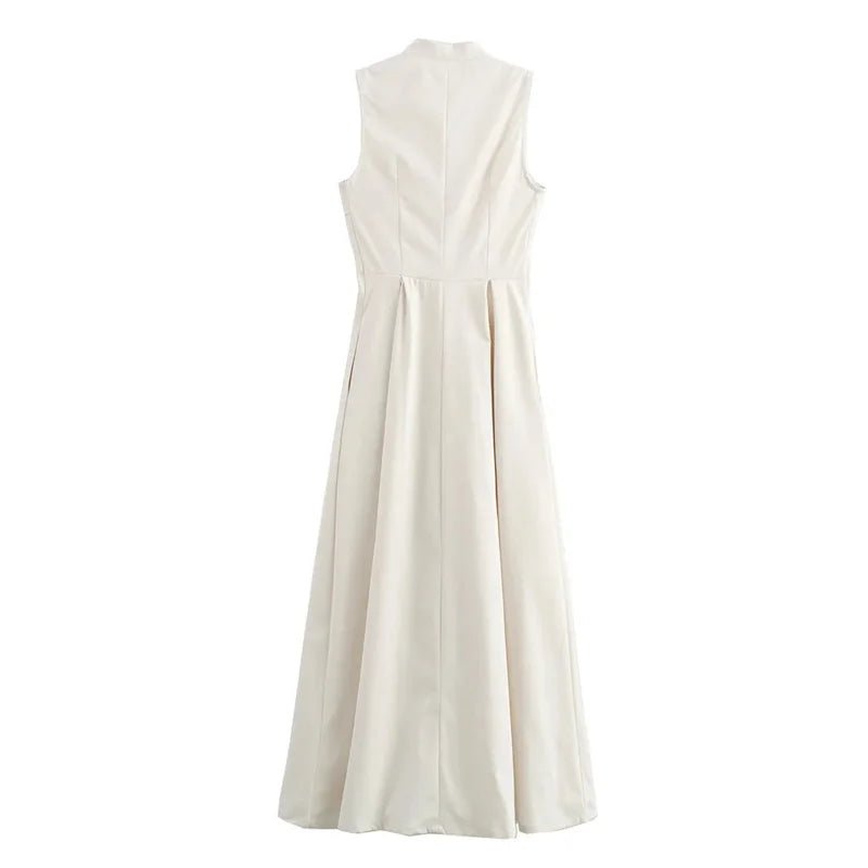 MUJER Zipper Long Dress Woman Pleated Sleeveless Bodycon Dress Summer Elegant Party Dresses For Women 2025 New Midi Dresses.