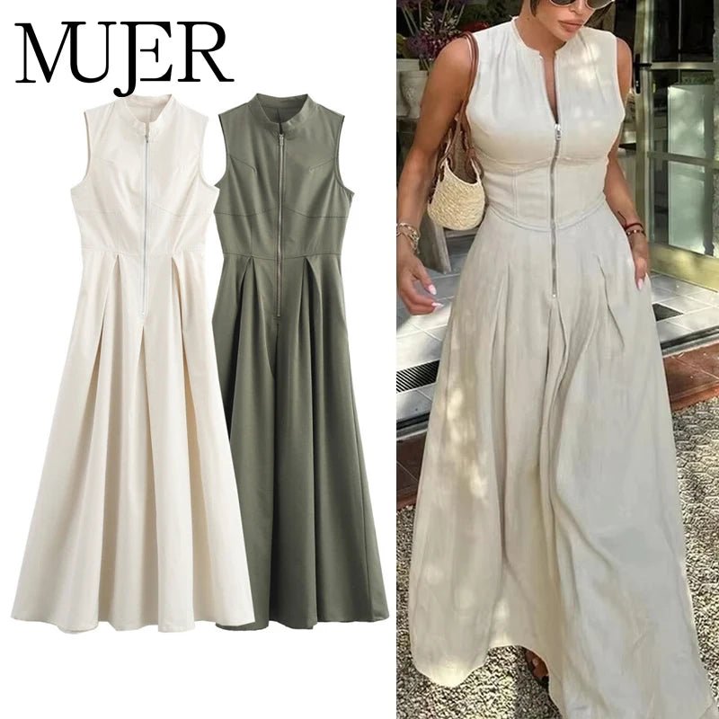 MUJER Zipper Long Dress Woman Pleated Sleeveless Bodycon Dress Summer Elegant Party Dresses For Women 2025 New Midi Dresses.