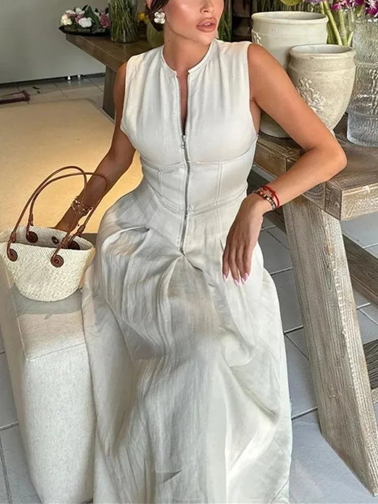 MUJER Zipper Long Dress Woman Pleated Sleeveless Bodycon Dress Summer Elegant Party Dresses For Women 2025 New Midi Dresses.