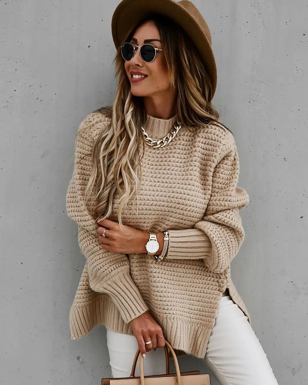 2024 Winter New Fashionable and Casual Women's Half High Collar Solid Color Bundle Hand Side Split Knitted Sweater - Tammise Market