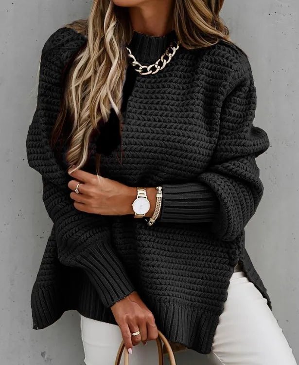 2024 Winter New Fashionable and Casual Women's Half High Collar Solid Color Bundle Hand Side Split Knitted Sweater - Tammise Market
