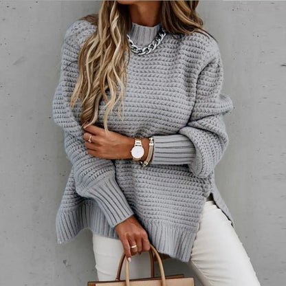 2024 Winter New Fashionable and Casual Women's Half High Collar Solid Color Bundle Hand Side Split Knitted Sweater - Tammise Market
