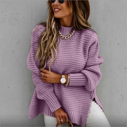 2024 Winter New Fashionable and Casual Women's Half High Collar Solid Color Bundle Hand Side Split Knitted Sweater - Tammise Market