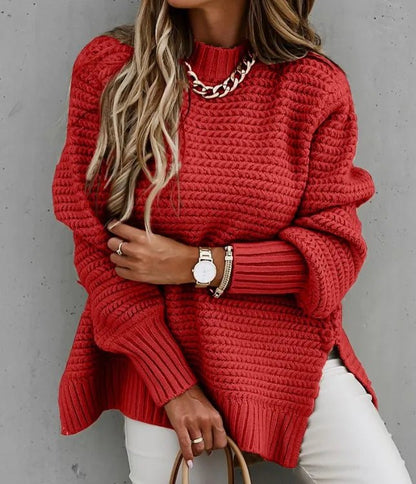 2024 Winter New Fashionable and Casual Women's Half High Collar Solid Color Bundle Hand Side Split Knitted Sweater.