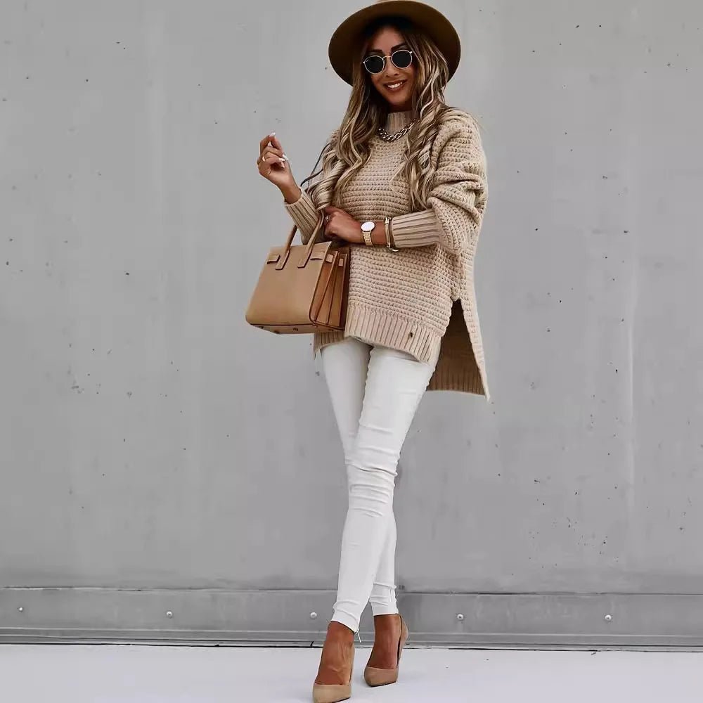 2024 Winter New Fashionable and Casual Women's Half High Collar Solid Color Bundle Hand Side Split Knitted Sweater.