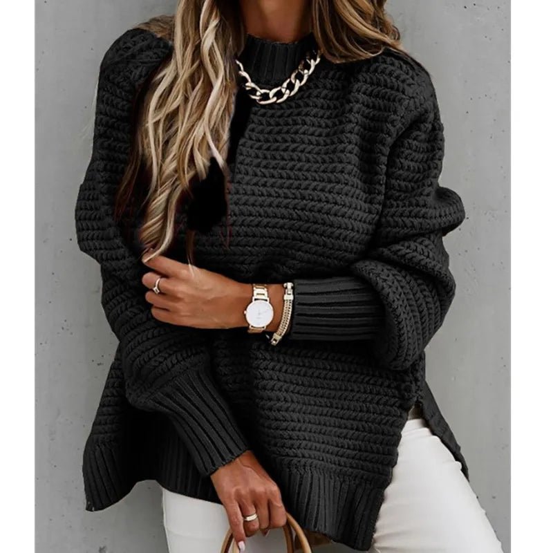 2024 Winter New Fashionable and Casual Women's Half High Collar Solid Color Bundle Hand Side Split Knitted Sweater.