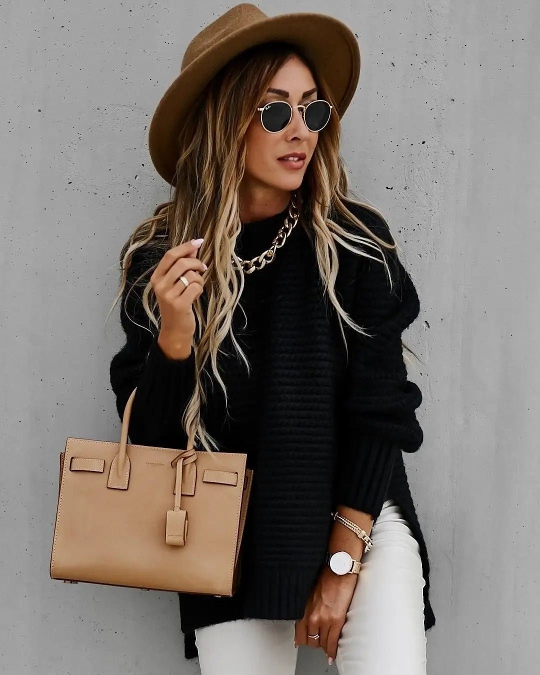 2024 Winter New Fashionable and Casual Women's Half High Collar Solid Color Bundle Hand Side Split Knitted Sweater.