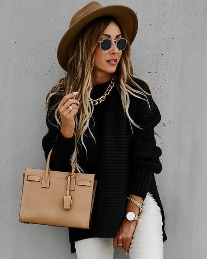 2024 Winter New Fashionable and Casual Women's Half High Collar Solid Color Bundle Hand Side Split Knitted Sweater.