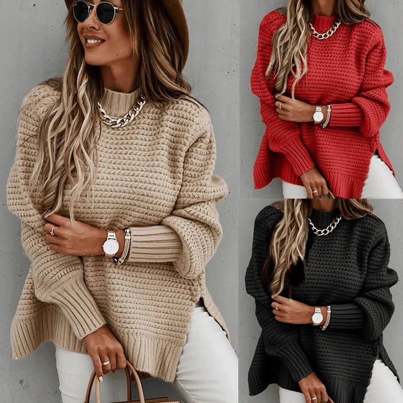 2024 Winter New Fashionable and Casual Women's Half High Collar Solid Color Bundle Hand Side Split Knitted Sweater.