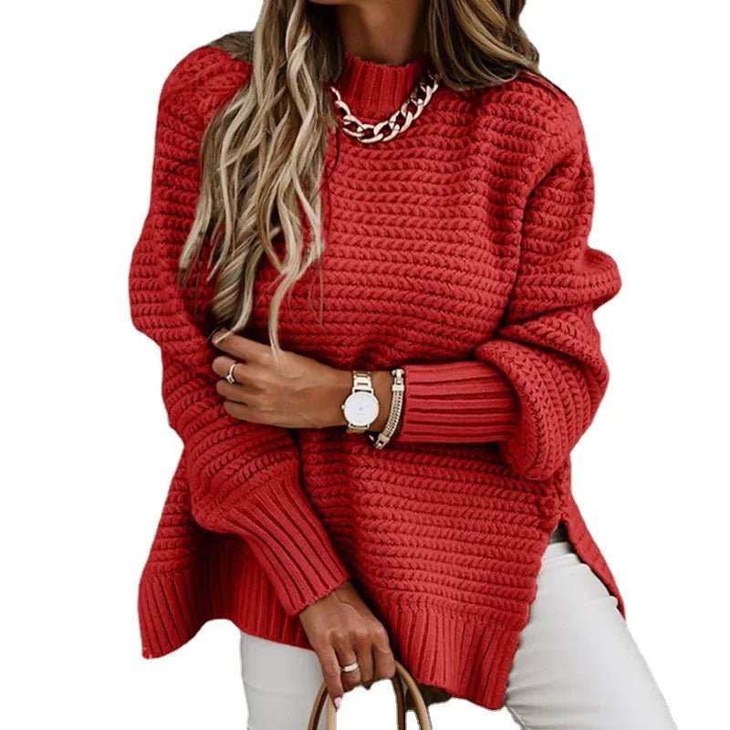 2024 Winter New Fashionable and Casual Women's Half High Collar Solid Color Bundle Hand Side Split Knitted Sweater.