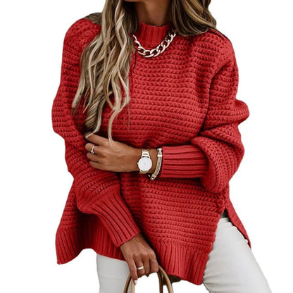 2024 Winter New Fashionable and Casual Women's Half High Collar Solid Color Bundle Hand Side Split Knitted Sweater.