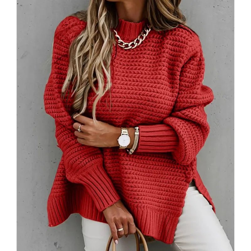 2024 Winter New Fashionable and Casual Women's Half High Collar Solid Color Bundle Hand Side Split Knitted Sweater.