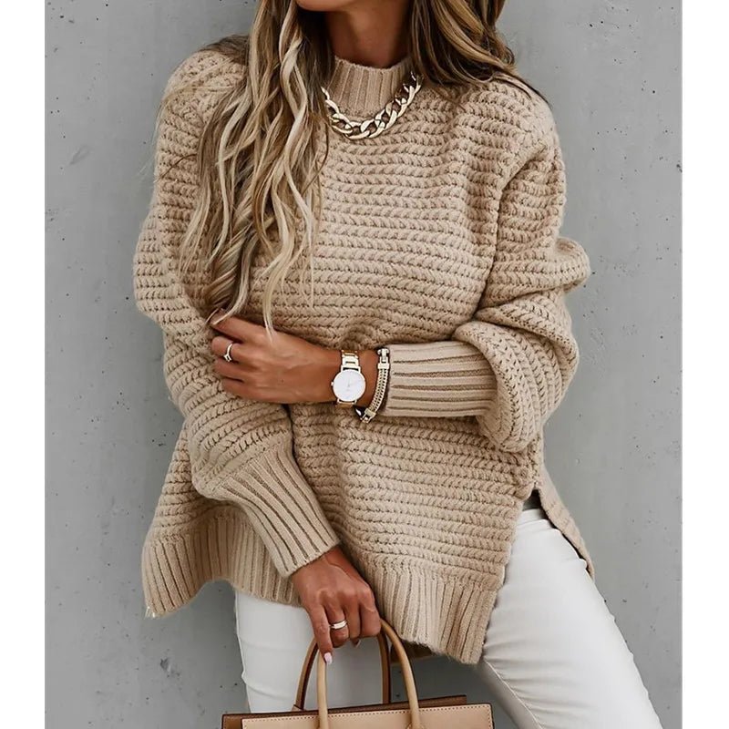 2024 Winter New Fashionable and Casual Women's Half High Collar Solid Color Bundle Hand Side Split Knitted Sweater.