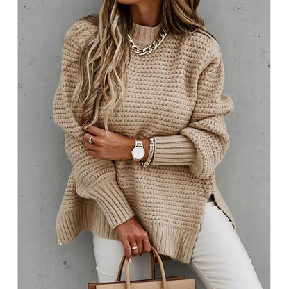 2024 Winter New Fashionable and Casual Women's Half High Collar Solid Color Bundle Hand Side Split Knitted Sweater.