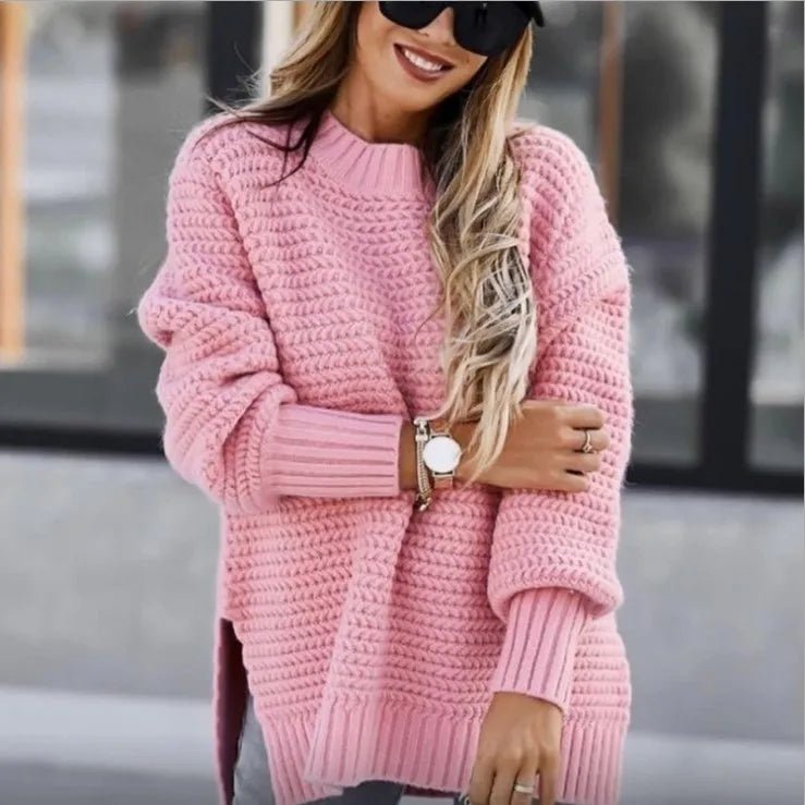 2024 Winter New Fashionable and Casual Women's Half High Collar Solid Color Bundle Hand Side Split Knitted Sweater.