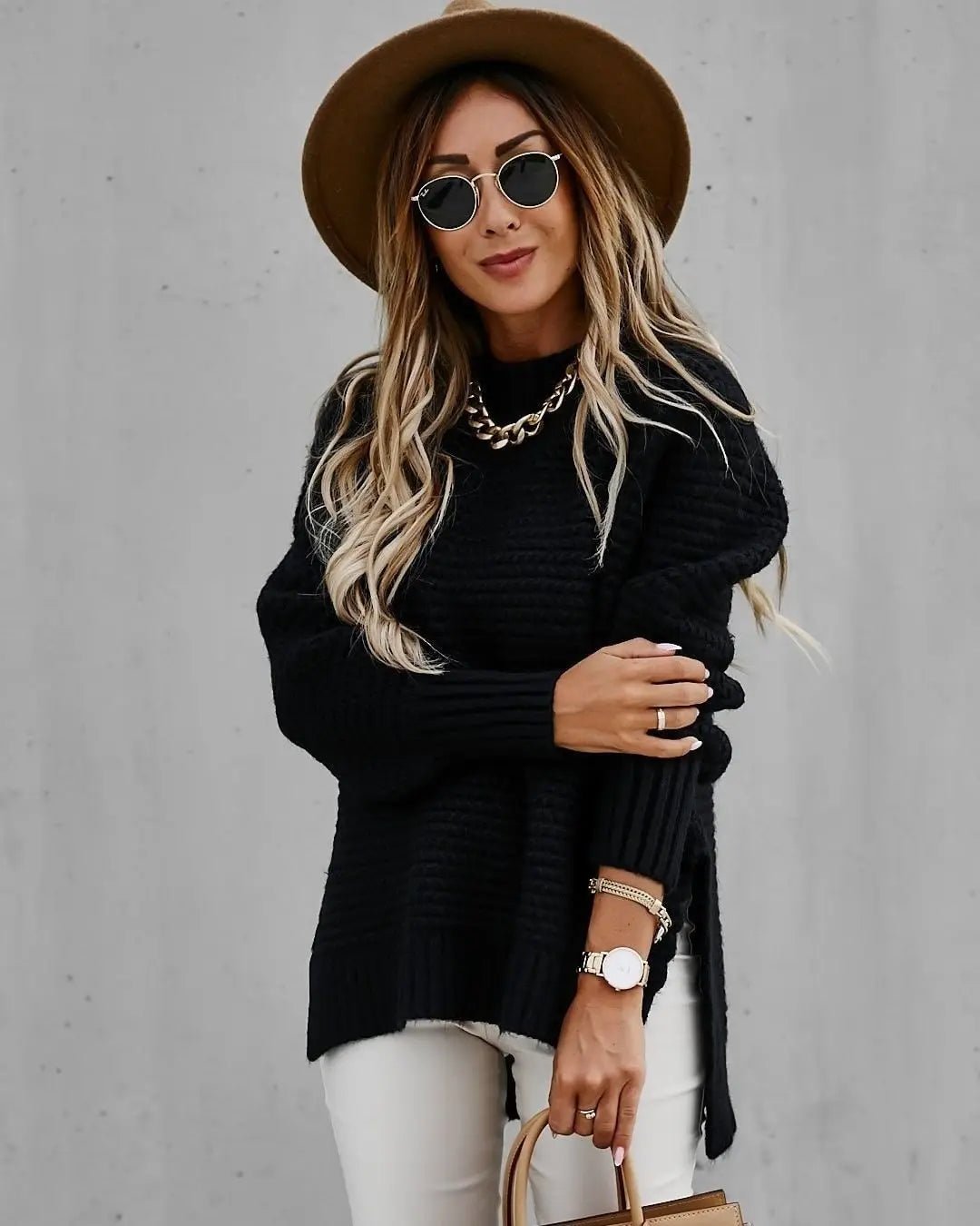 2024 Winter New Fashionable and Casual Women's Half High Collar Solid Color Bundle Hand Side Split Knitted Sweater.