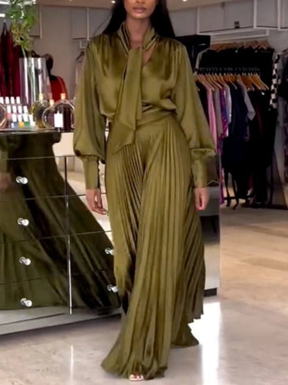Two Piece Sets Women Outfits V Neck Lace Up Long Lantern Sleeve Tops Wide Leg Pleated Trousers Streetwear Party Causal Pant Sets.
