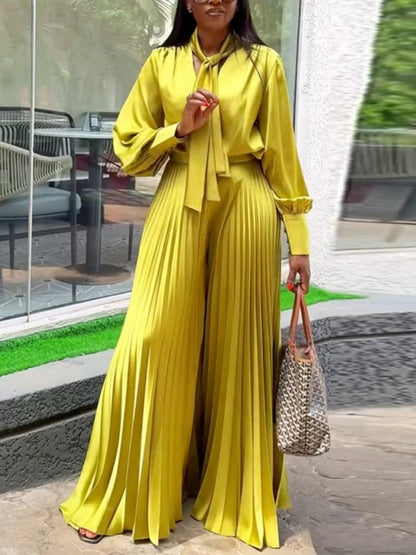 Two Piece Sets Women Outfits V Neck Lace Up Long Lantern Sleeve Tops Wide Leg Pleated Trousers Streetwear Party Causal Pant Sets.