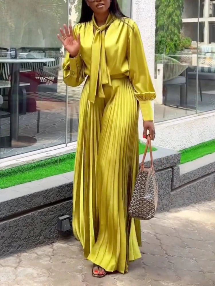 Two Piece Sets Women Outfits V Neck Lace Up Long Lantern Sleeve Tops Wide Leg Pleated Trousers Streetwear Party Causal Pant Sets.