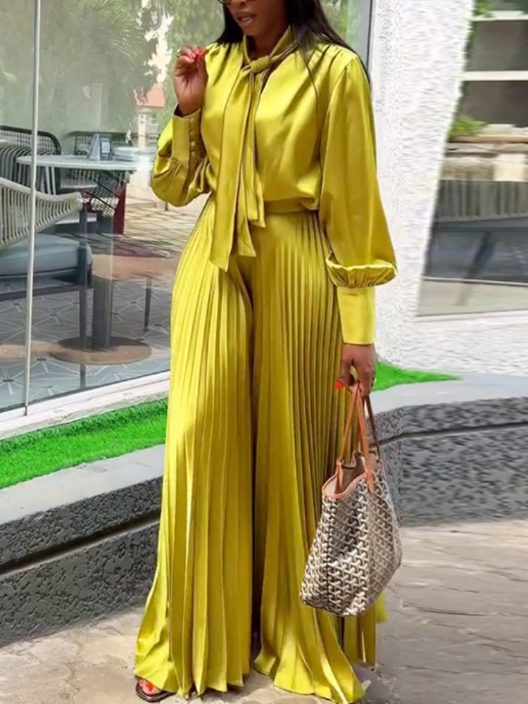 Two Piece Sets Women Outfits V Neck Lace Up Long Lantern Sleeve Tops Wide Leg Pleated Trousers Streetwear Party Causal Pant Sets.