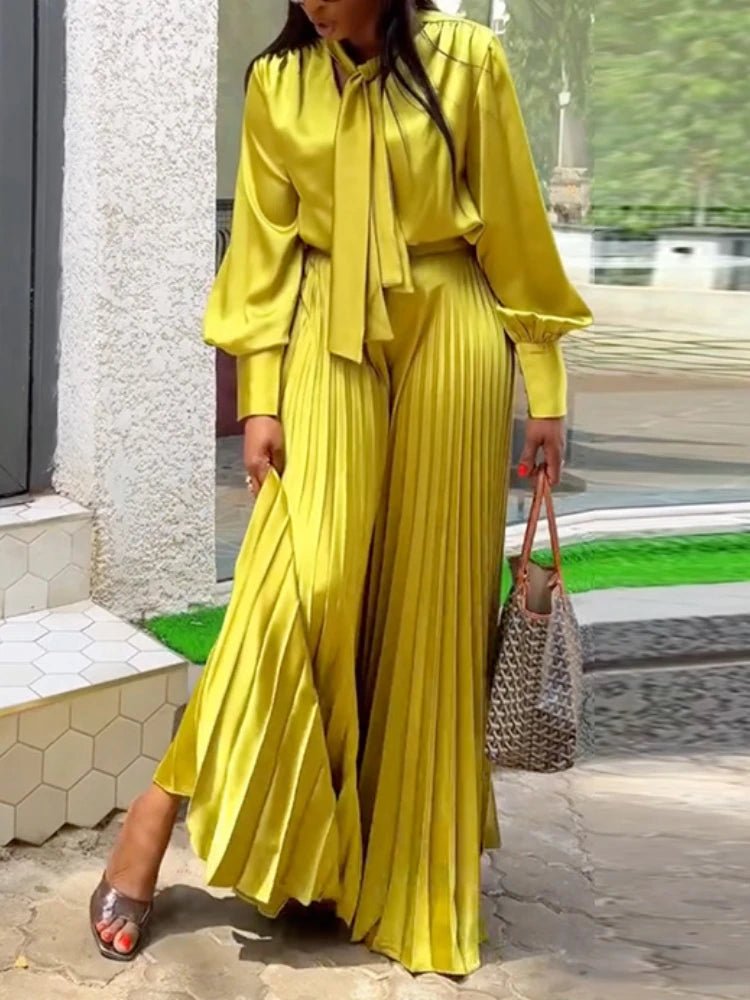 Two Piece Sets Women Outfits V Neck Lace Up Long Lantern Sleeve Tops Wide Leg Pleated Trousers Streetwear Party Causal Pant Sets.