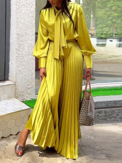 Two Piece Sets Women Outfits V Neck Lace Up Long Lantern Sleeve Tops Wide Leg Pleated Trousers Streetwear Party Causal Pant Sets.