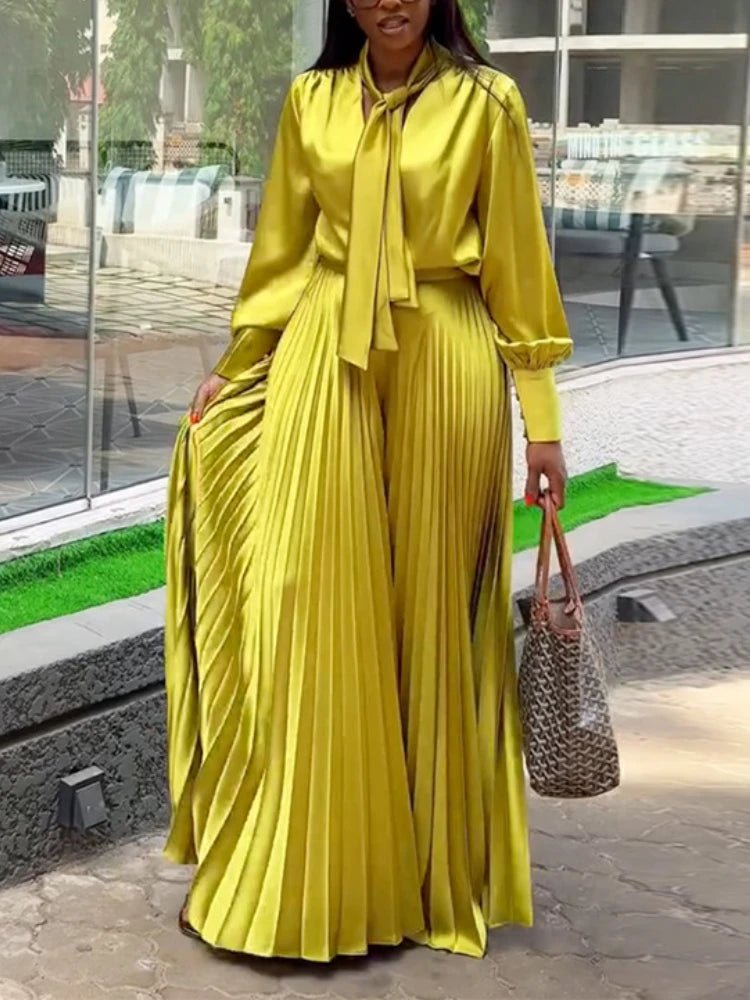 Two Piece Sets Women Outfits V Neck Lace Up Long Lantern Sleeve Tops Wide Leg Pleated Trousers Streetwear Party Causal Pant Sets.