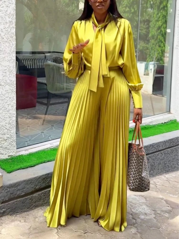 Two Piece Sets Women Outfits V Neck Lace Up Long Lantern Sleeve Tops Wide Leg Pleated Trousers Streetwear Party Causal Pant Sets.