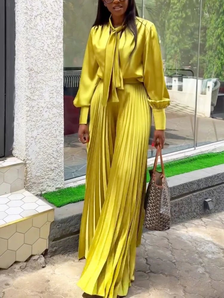 Two Piece Sets Women Outfits V Neck Lace Up Long Lantern Sleeve Tops Wide Leg Pleated Trousers Streetwear Party Causal Pant Sets.