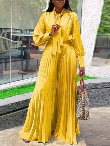Two Piece Sets Women Outfits V Neck Lace Up Long Lantern Sleeve Tops Wide Leg Pleated Trousers Streetwear Party Causal Pant Sets.
