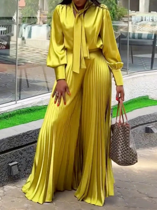 Two Piece Sets Women Outfits V Neck Lace Up Long Lantern Sleeve Tops Wide Leg Pleated Trousers Streetwear Party Causal Pant Sets.