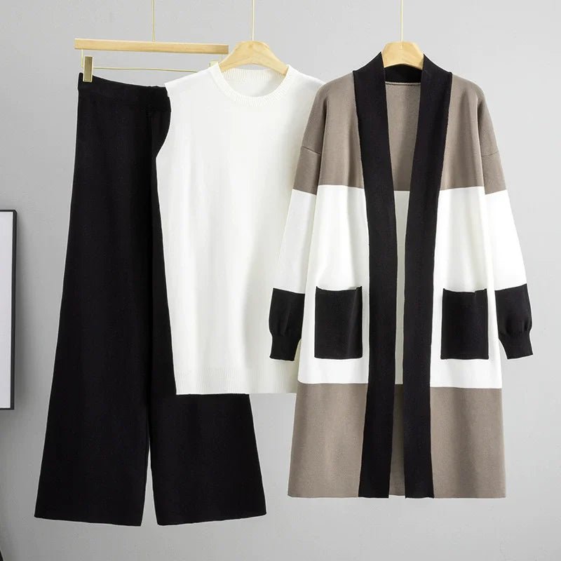 Korean Design Knitted 3 Piece Sets Women White Vest+mid Length Striped Sweater Cardigan Conjuntos High Waist Loose Pants Outfit.