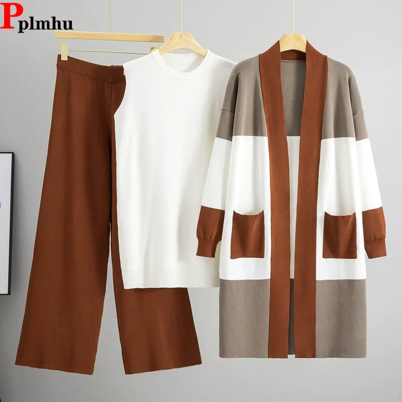 Korean Design Knitted 3 Piece Sets Women White Vest+mid Length Striped Sweater Cardigan Conjuntos High Waist Loose Pants Outfit.